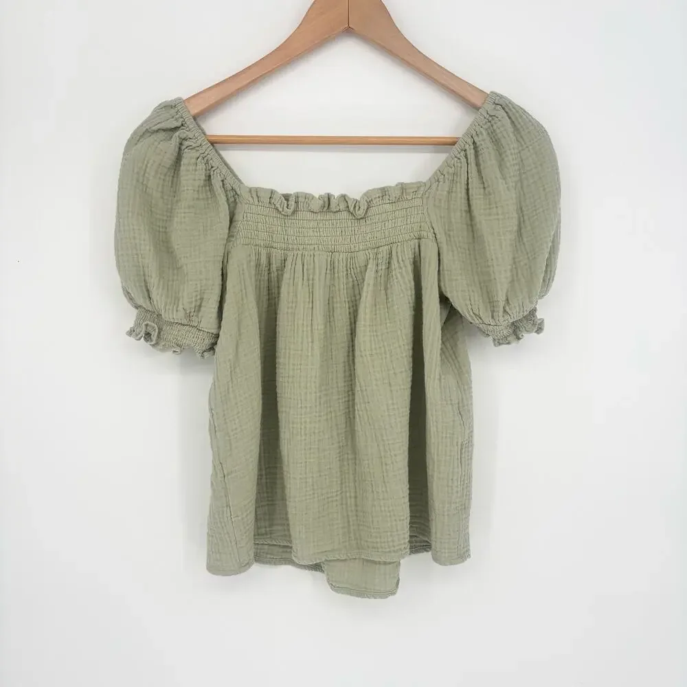 J. Crew 100% Cotton Sage Green Smocked Puff Sleeve Gauze Top Size S
